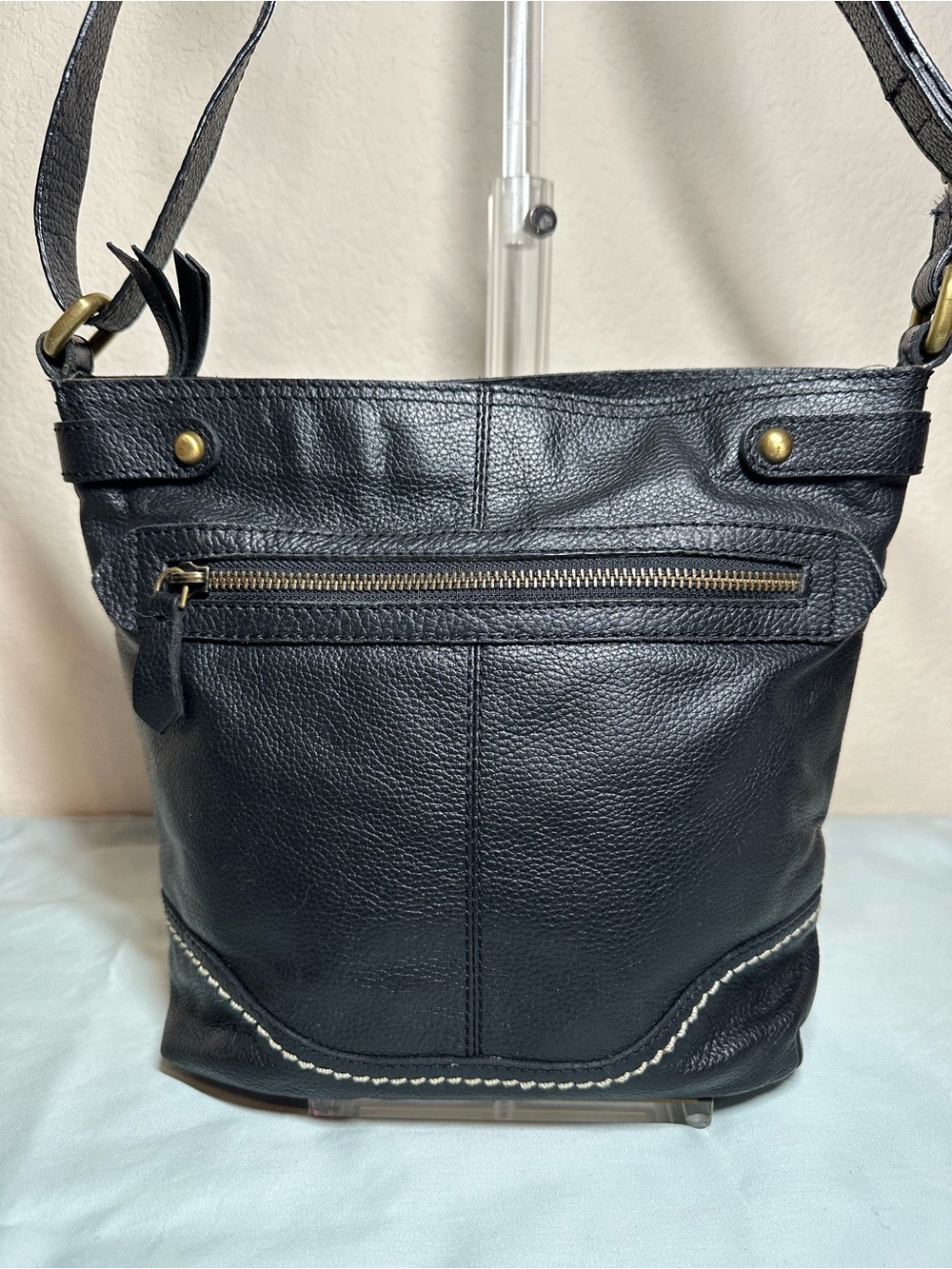 Born Black Pebbled Leather Crossbody with Contrast Stitching